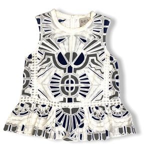 SEA New York Geometric Lace White & Blue Peplum Top, Size 6